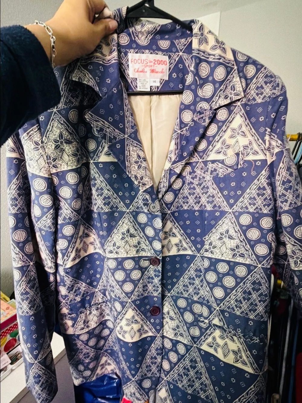 Vintage Focus 2000 Blue and Cream Geometric Print Blazer